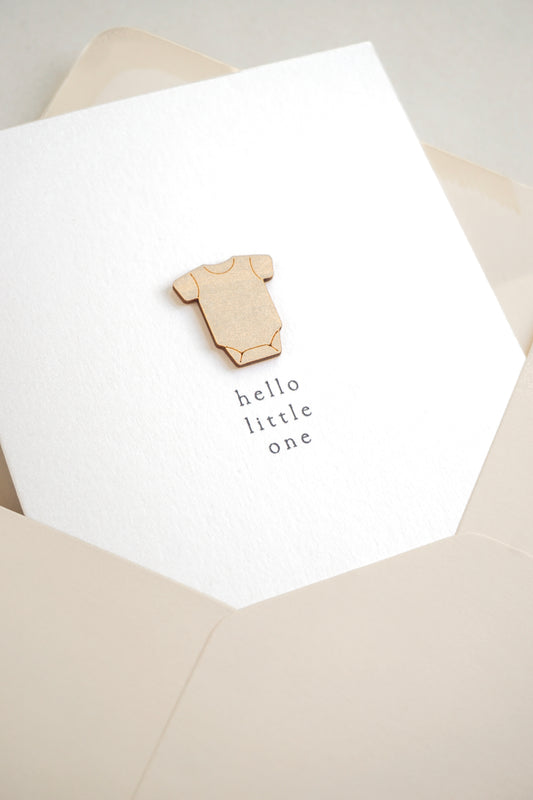 "Hello Little One" Wooden Vest Greetings Card