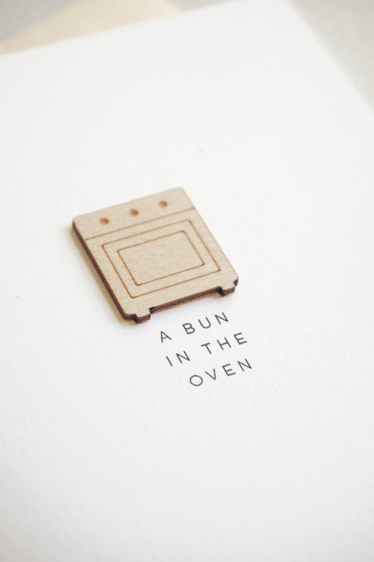 "A Bun in the Oven" Wooden Oven Greetings Card