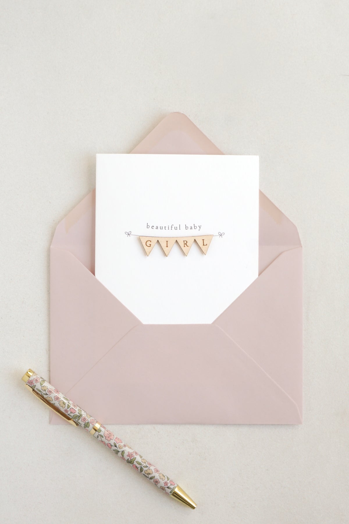 "Beautiful Baby Girl" Wooden Bunting Greetings Card
