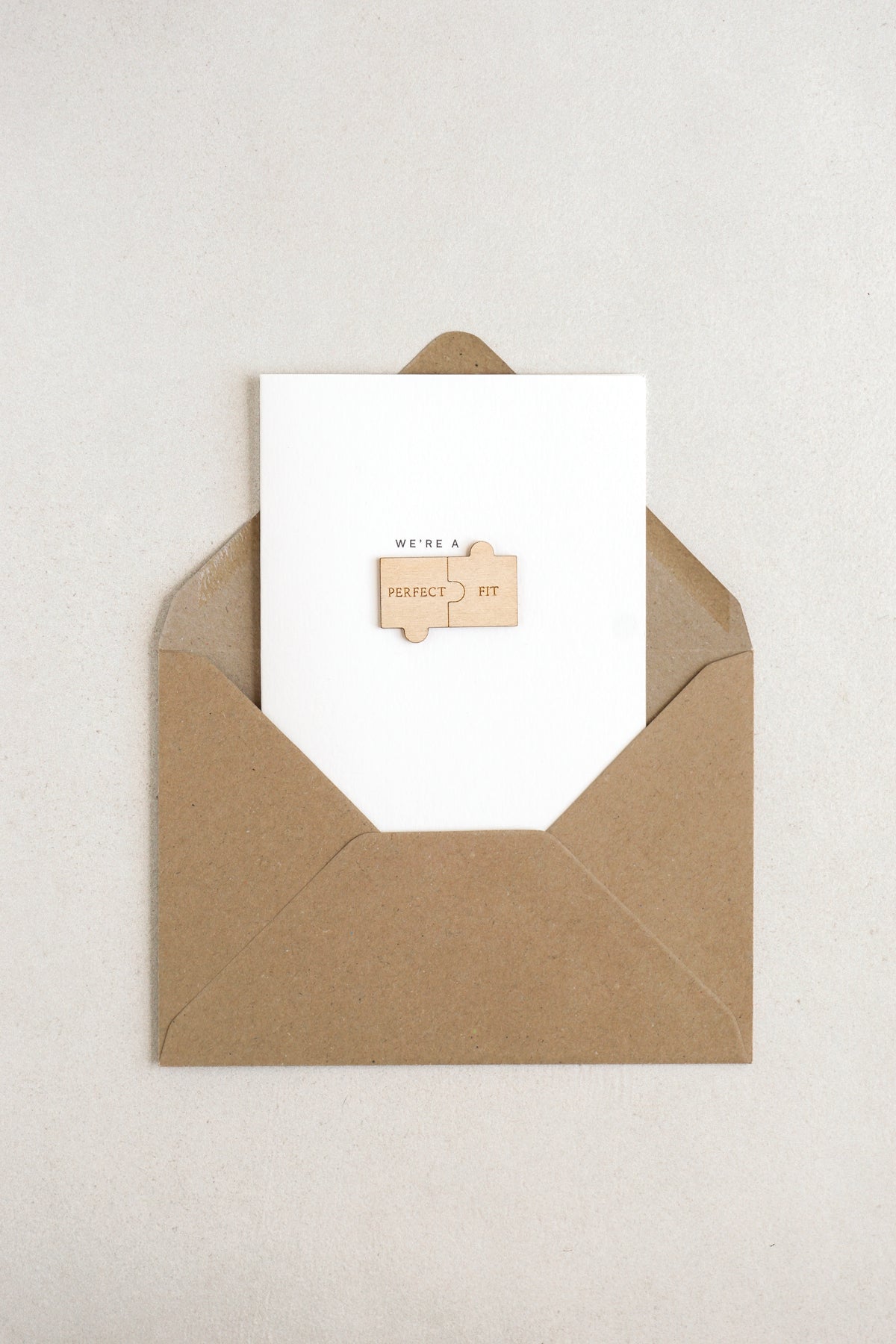"We're a Perfect Fit" Wooden Puzzle Pieces Greetings Card