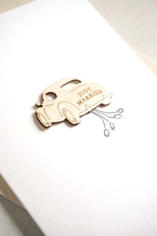 "Just Married" Wooden Wedding Car Greetings Card