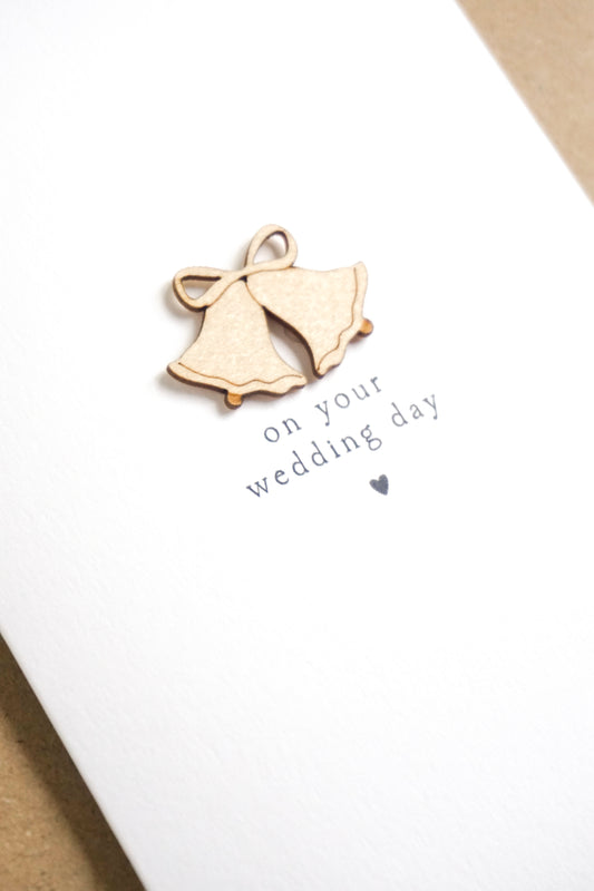 "On Your Wedding Day" Wooden Wedding Bells Greetings Card