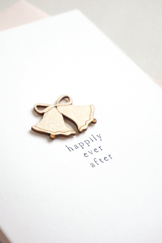 "Happily Ever After" Wooden Wedding Bells Greetings Card