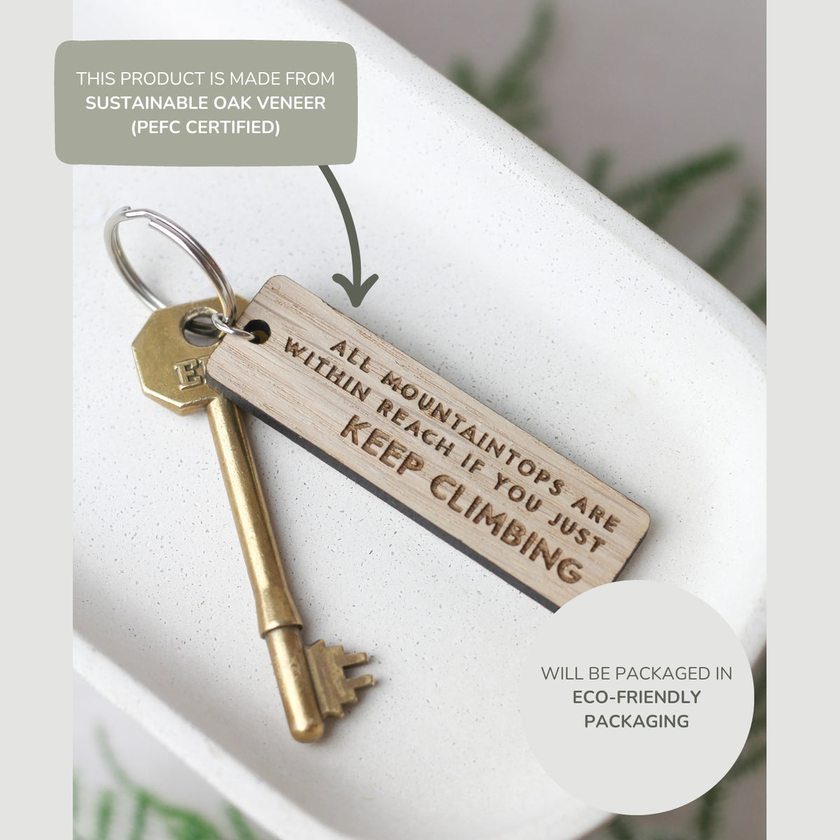 "All Mountaintops Are Within Reach If You Just Keep Climbing" Wooden Keyring