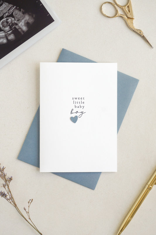 "Sweet Little Baby Boy" Blue Paper Heart Greetings Card