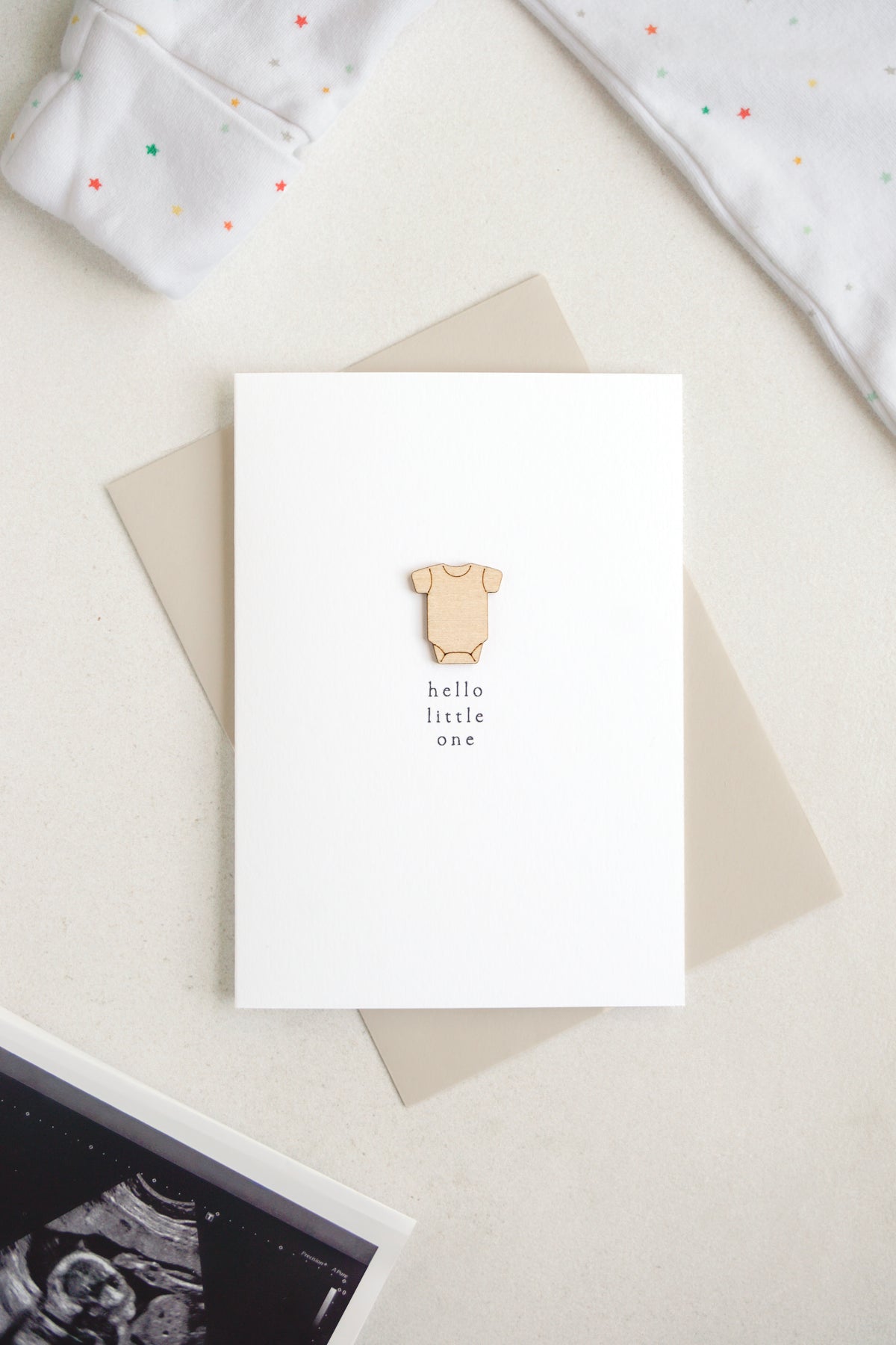 "Hello Little One" Wooden Vest Greetings Card