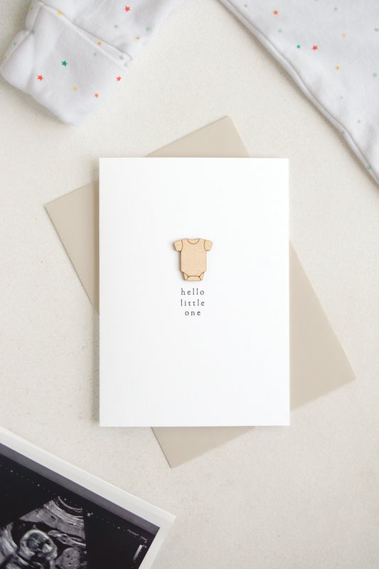 "Hello Little One" Wooden Vest Greetings Card
