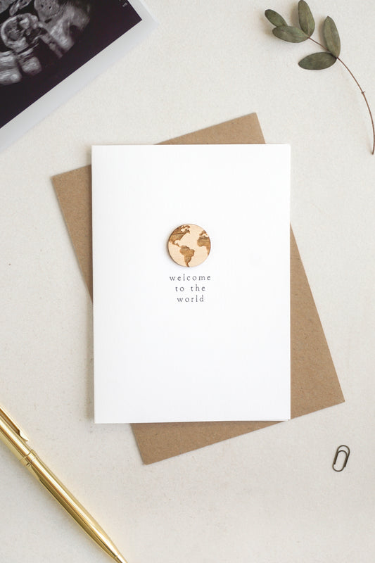 "Welcome to the World" Wooden World Greetings Card