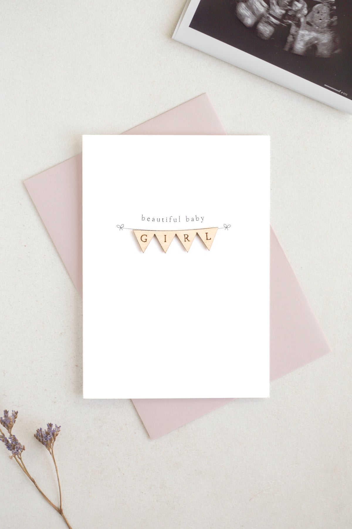 "Beautiful Baby Girl" Wooden Bunting Greetings Card