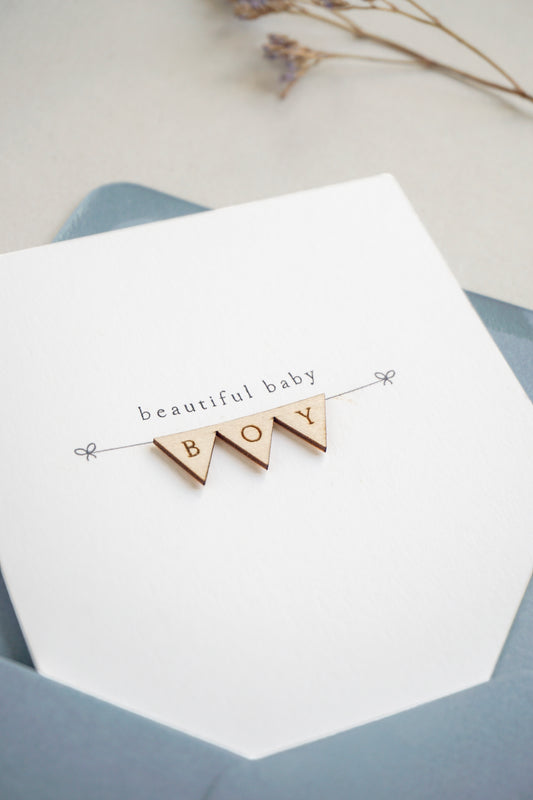 "Beautiful Baby Boy" Wooden Bunting Greetings Card
