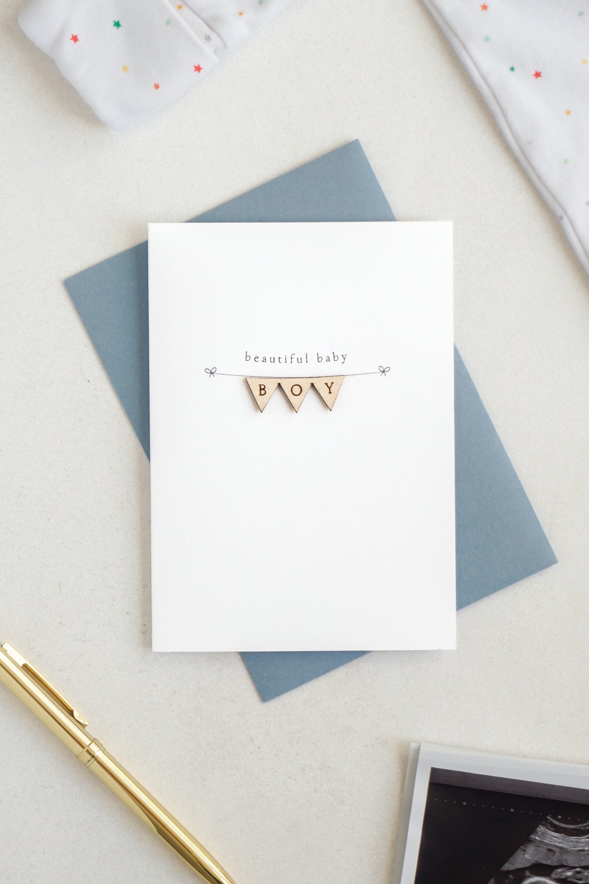 "Beautiful Baby Boy" Wooden Bunting Greetings Card
