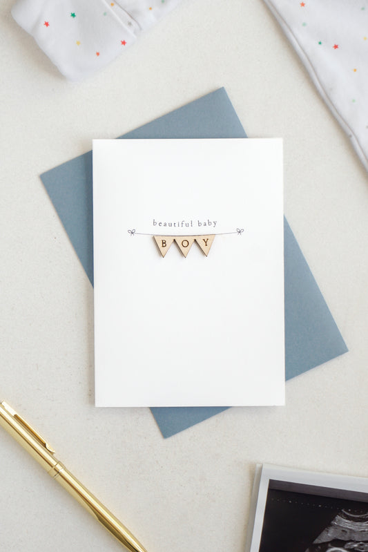 "Beautiful Baby Boy" Wooden Bunting Greetings Card