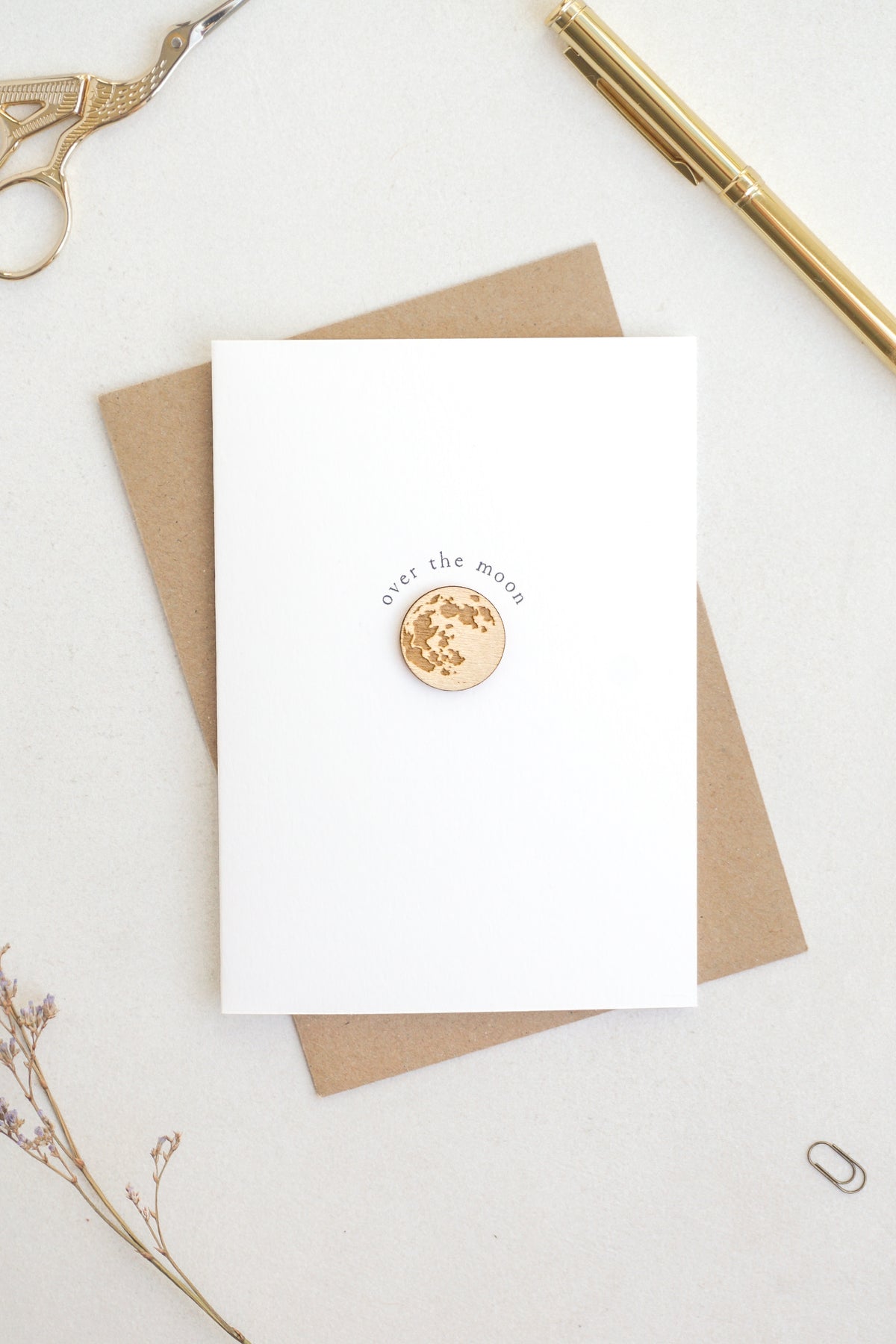 "Over the Moon" Wooden Moon Greetings Card