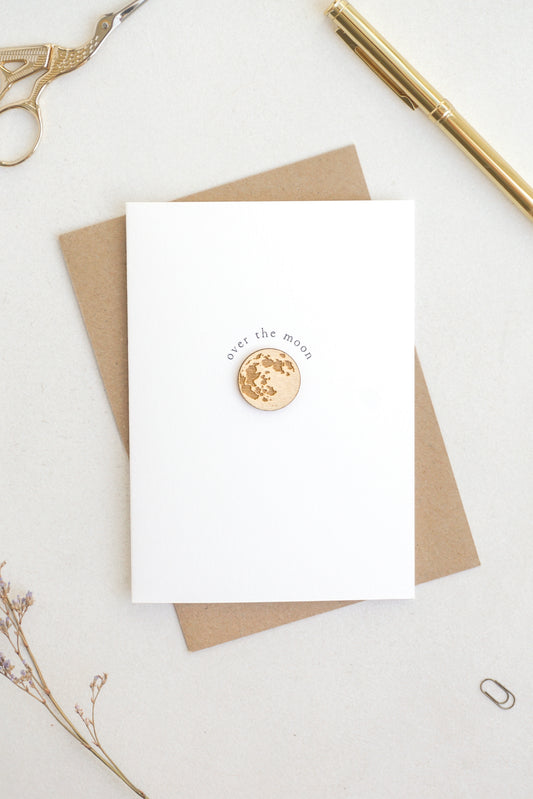 "Over the Moon" Wooden Moon Greetings Card