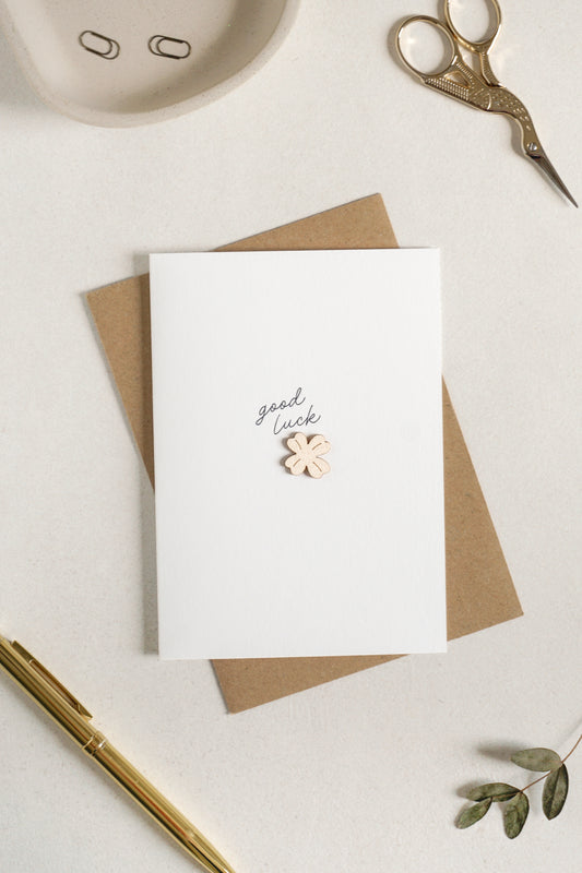 "Good Luck" Wooden Clover Greetings Card