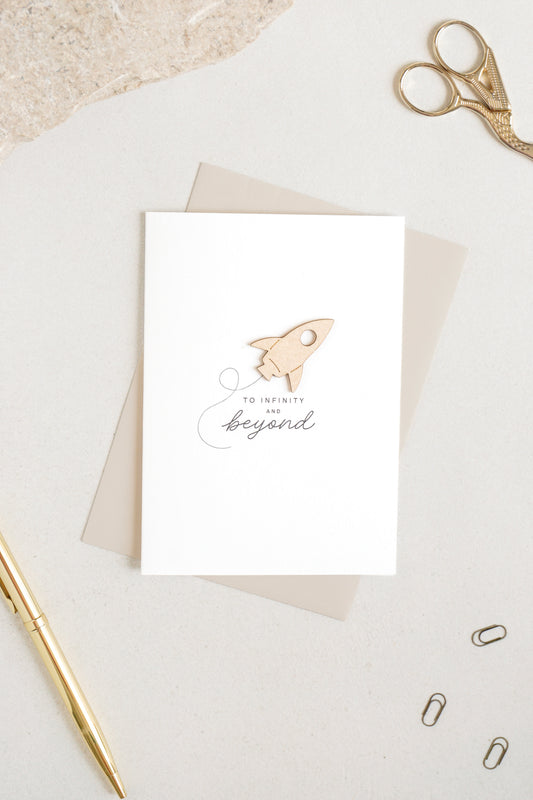 "To Infinity and Beyond" Wooden Rocket Greetings Card