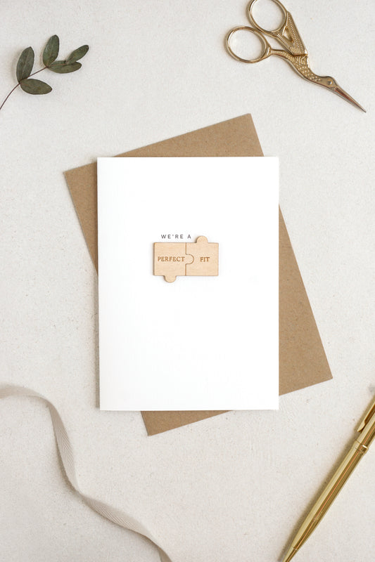 "We're a Perfect Fit" Wooden Puzzle Pieces Greetings Card
