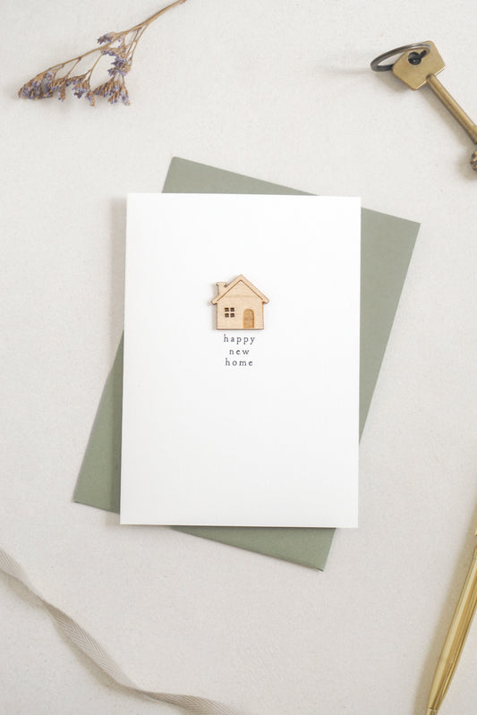 "Happy New Home" Wooden House Greetings Card