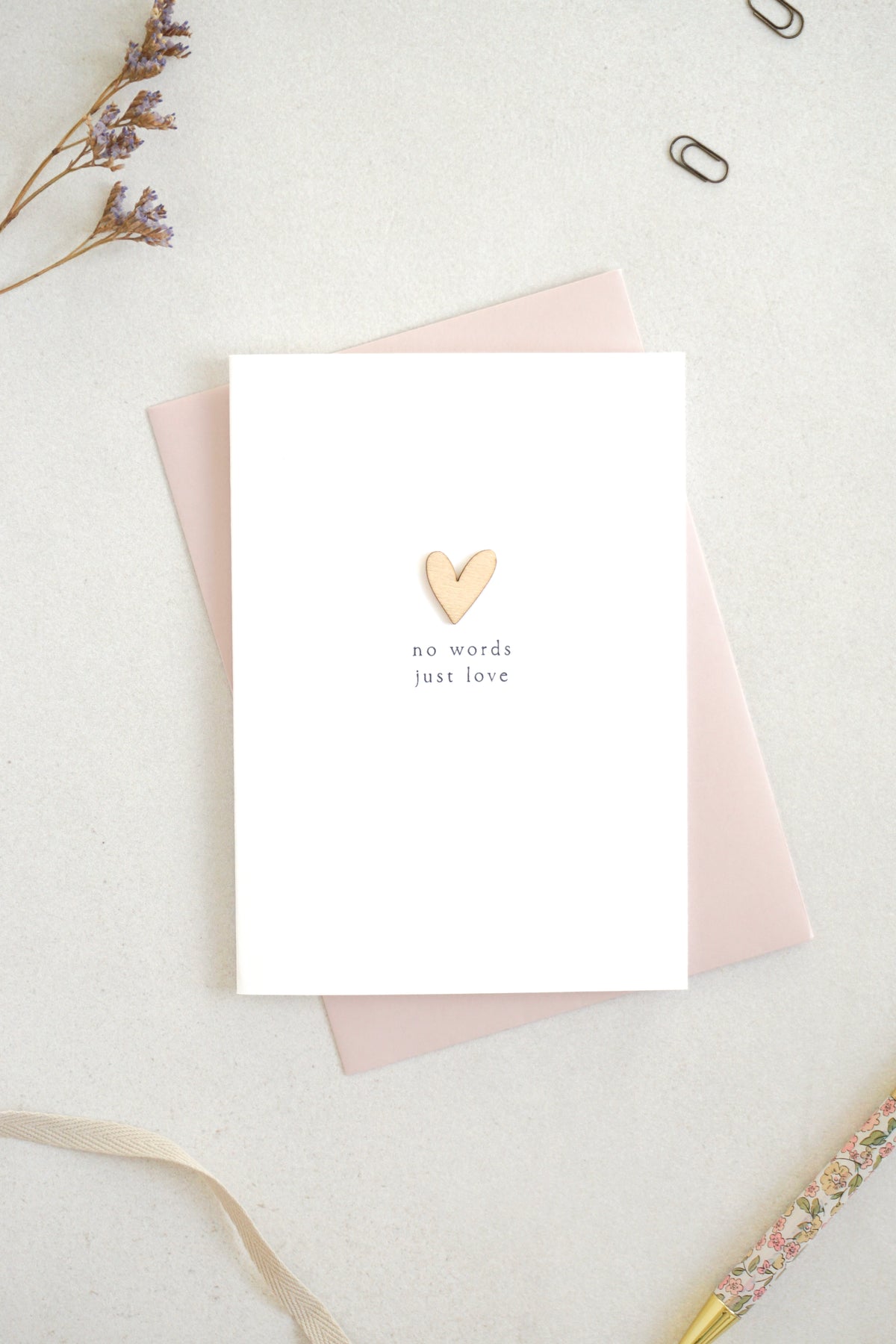 "No Words, Just Love" Wooden Heart Greetings Card