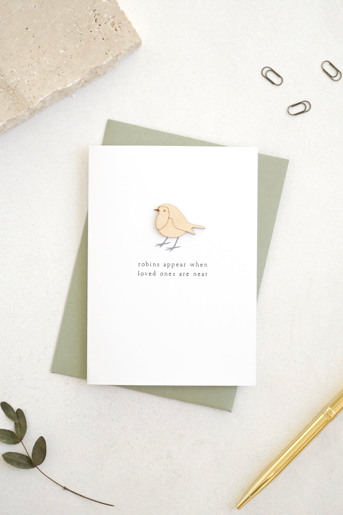 "Robins Appear" Wooden Robin Greetings Card