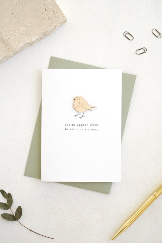 "Robins Appear" Wooden Robin Greetings Card