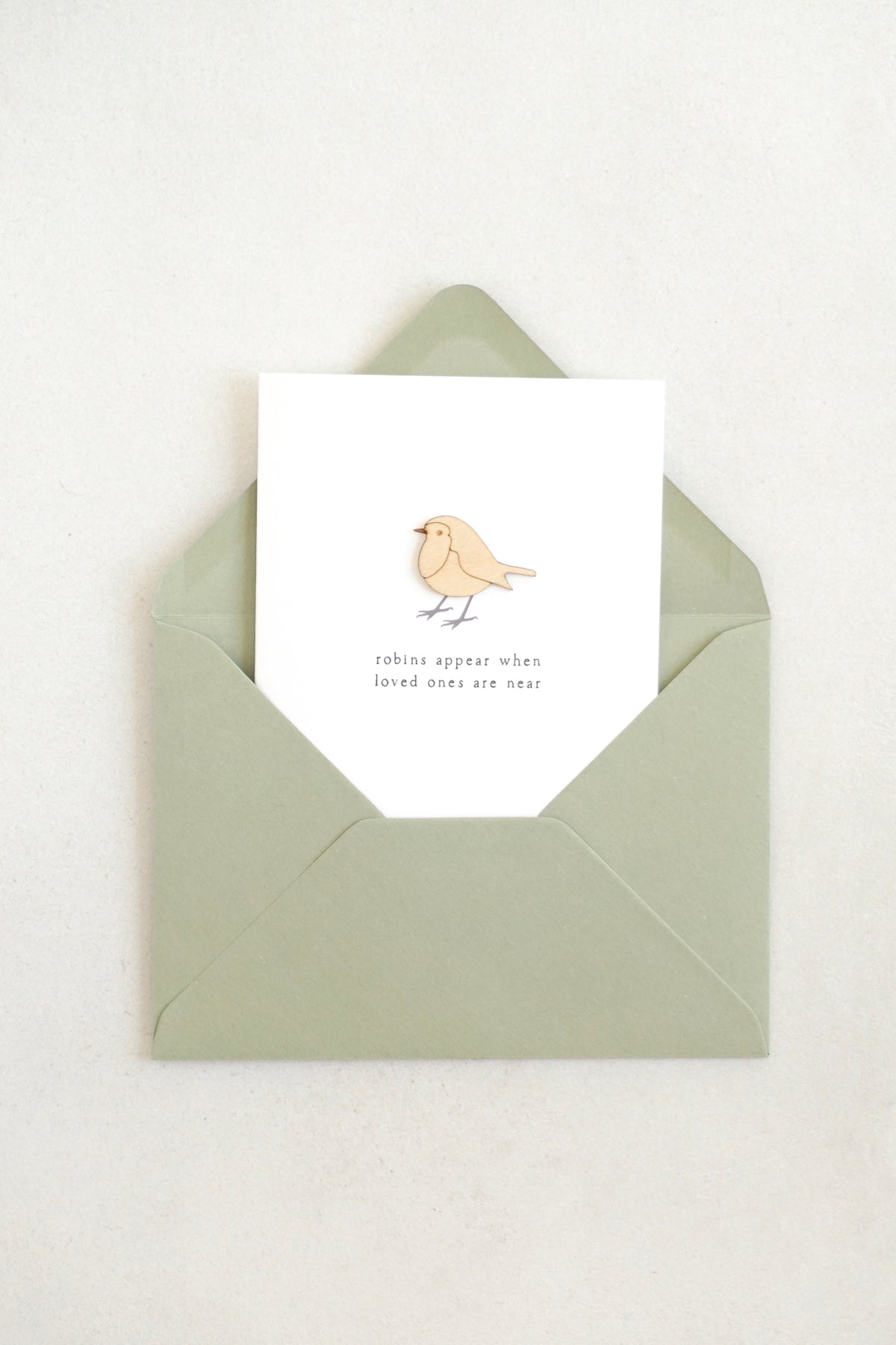 "Robins Appear" Wooden Robin Greetings Card
