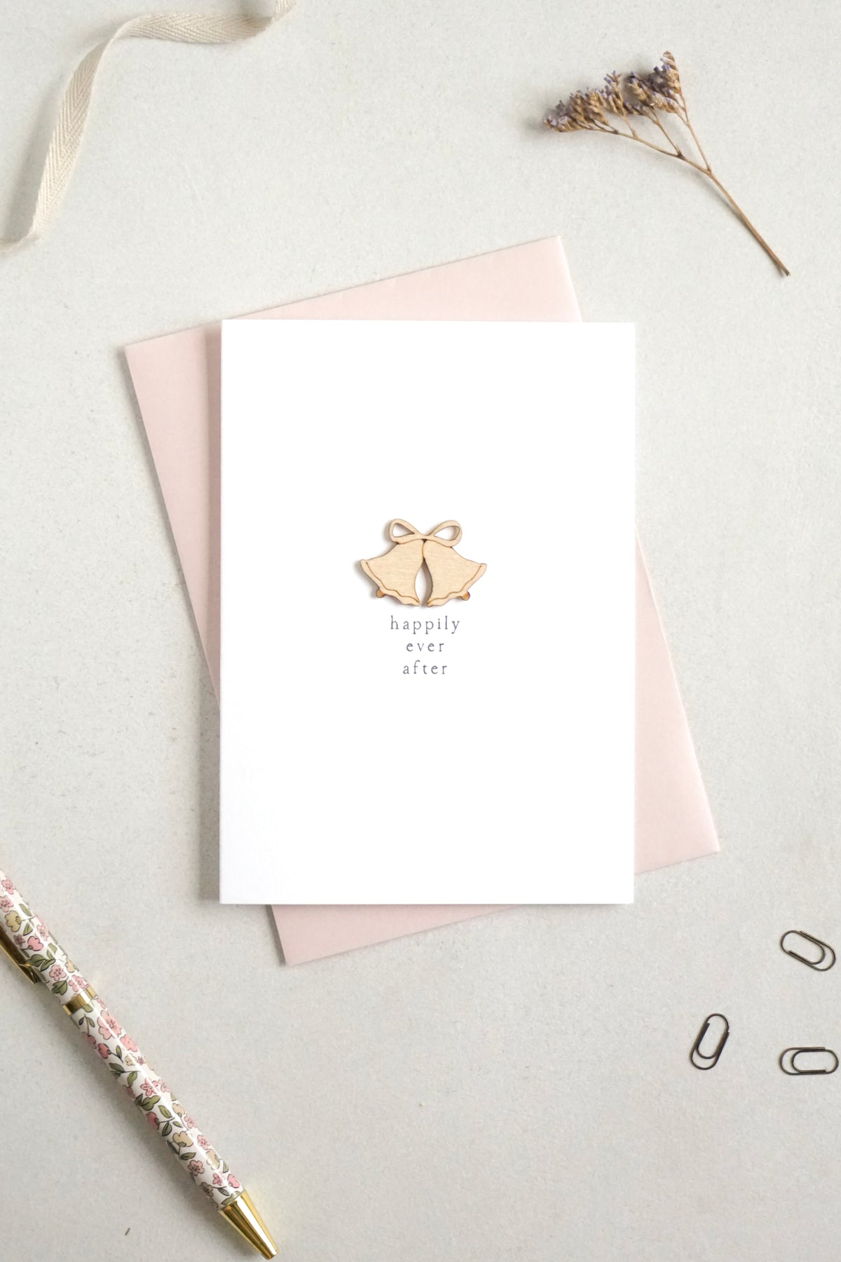 "Happily Ever After" Wooden Wedding Bells Greetings Card