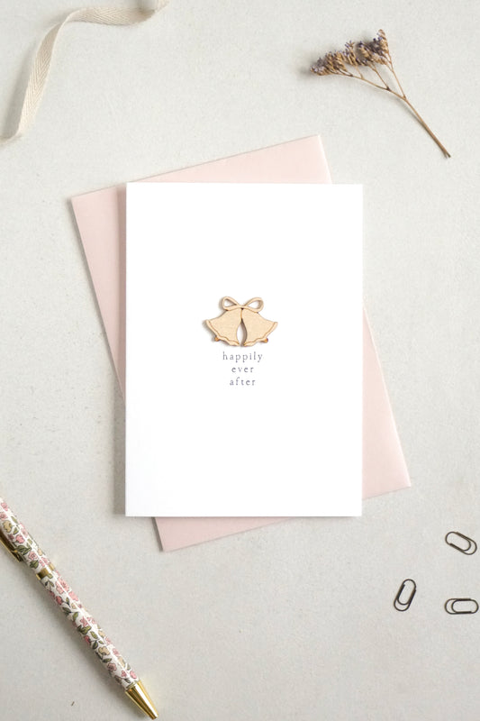 "Happily Ever After" Wooden Wedding Bells Greetings Card