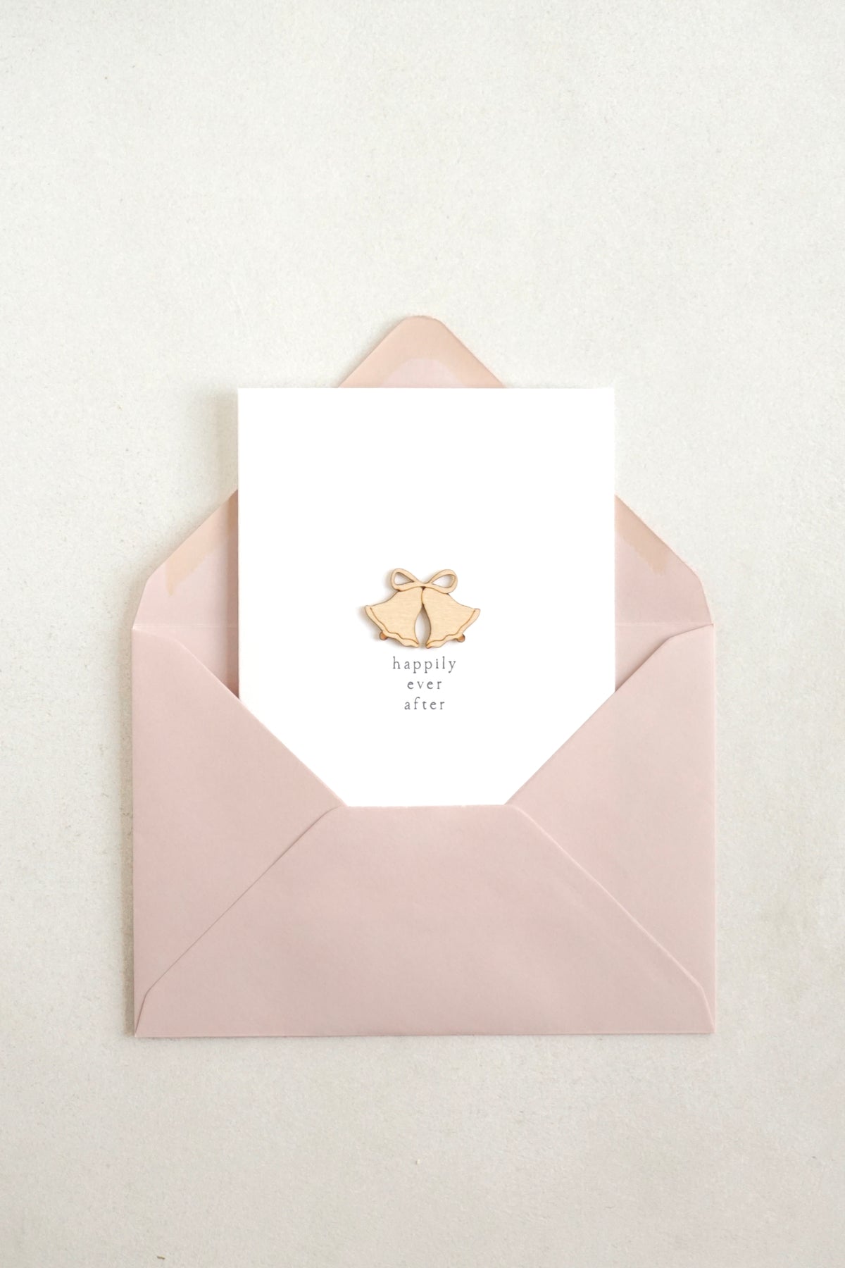 "Happily Ever After" Wooden Wedding Bells Greetings Card