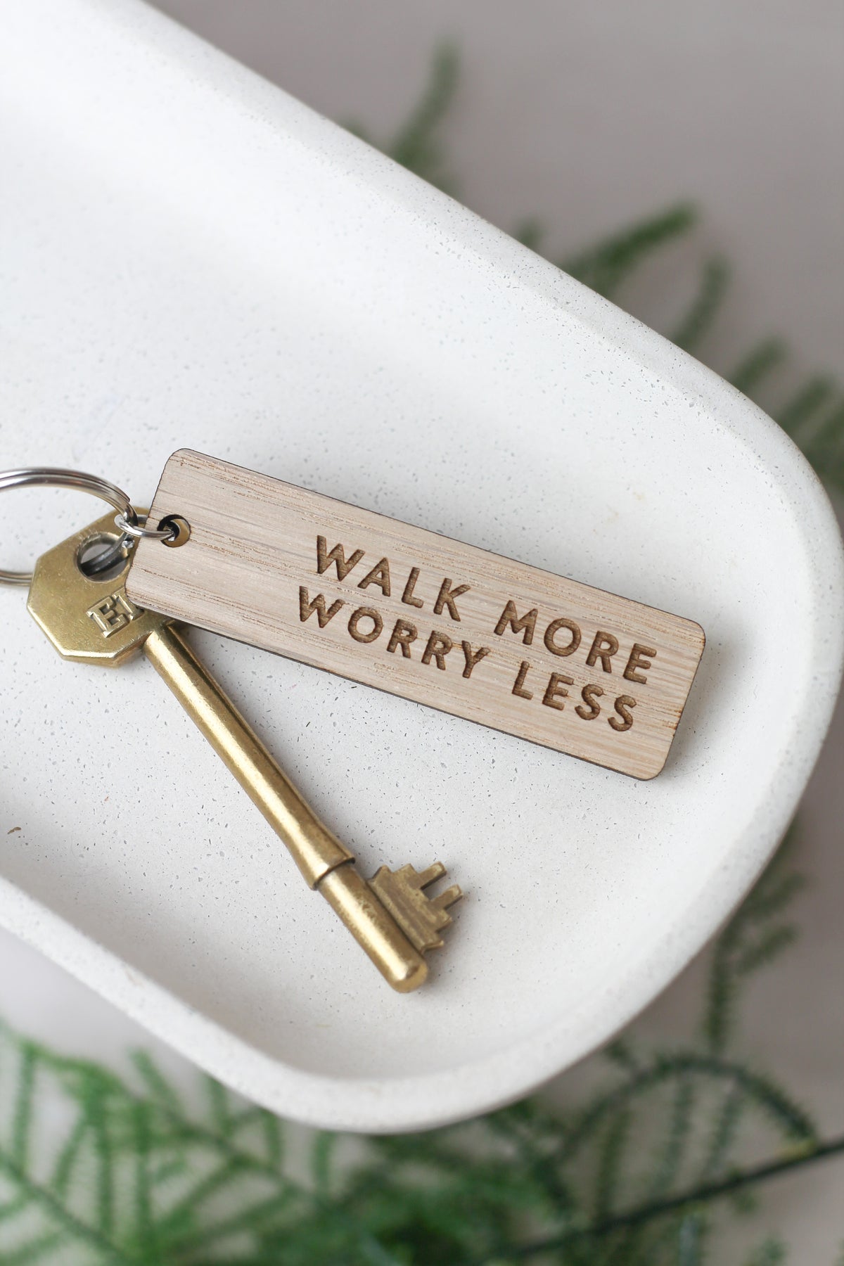 "Walk More Worry Less" Wooden Keyring