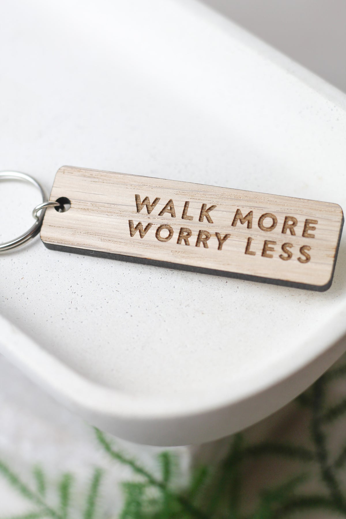 "Walk More Worry Less" Wooden Keyring